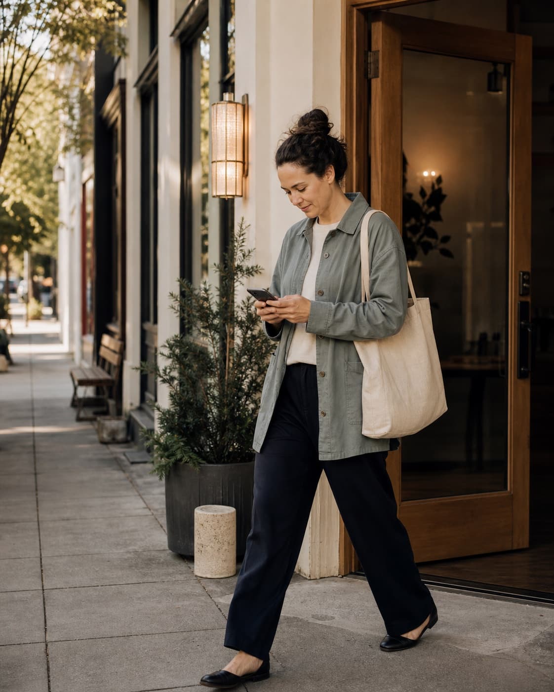 A customer stepping out of a neighborhood business while looking at their phone